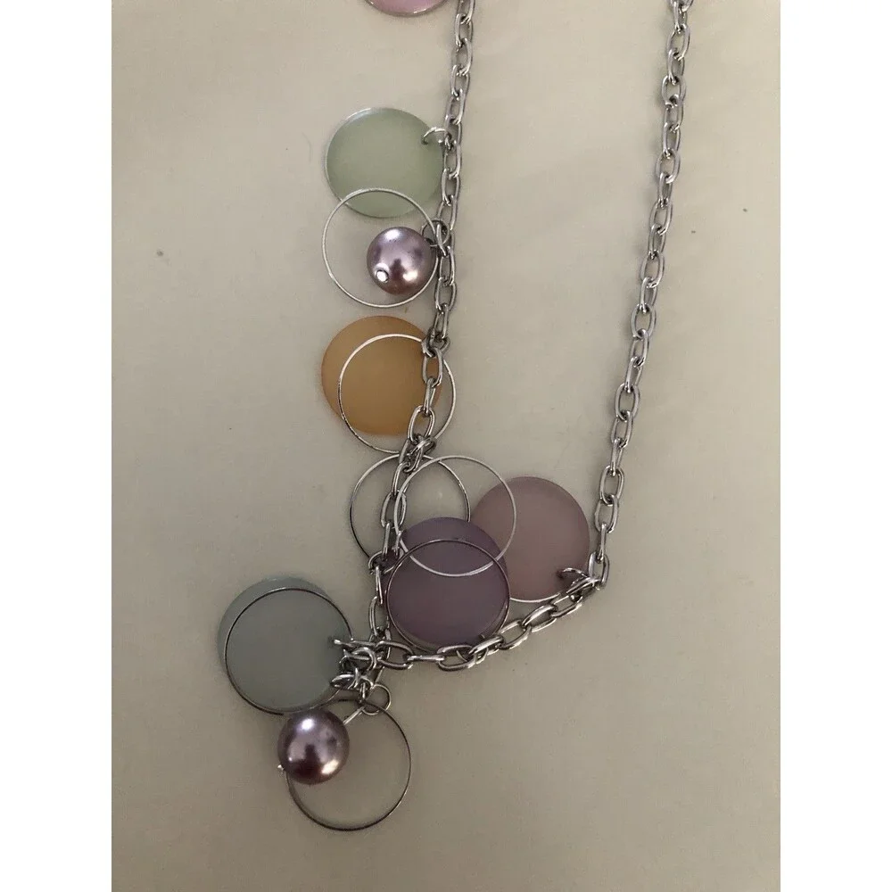 Lot of 2 Silvertone Colorful Flat Rock Like missing clasp -‎ pearl mini necklace